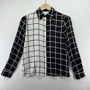 Alice + Olivia Shirt Women's XS Willa Placket Silk Black White Windowpane